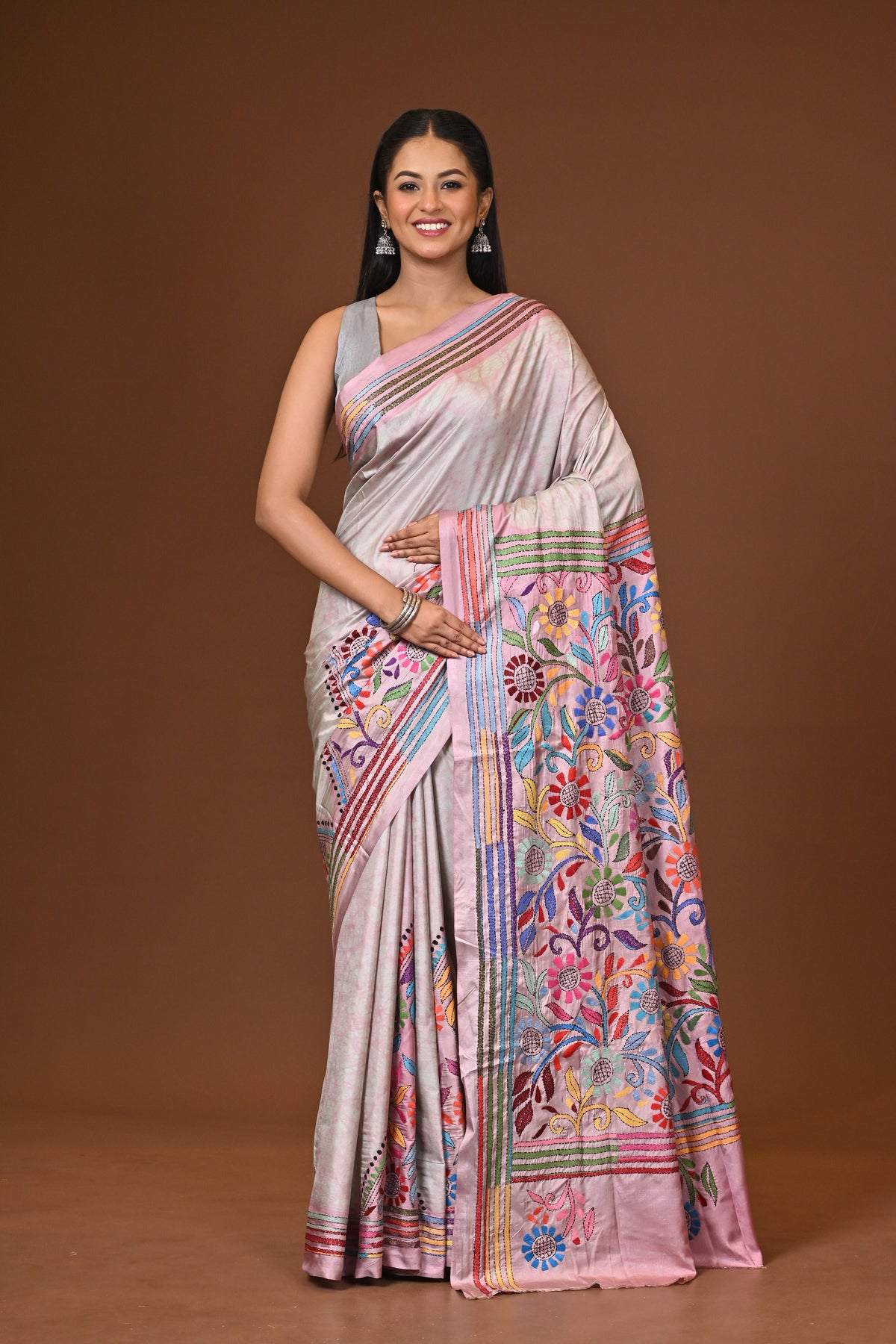 Blended Silk Kantha Stitch Saree Multicolor
