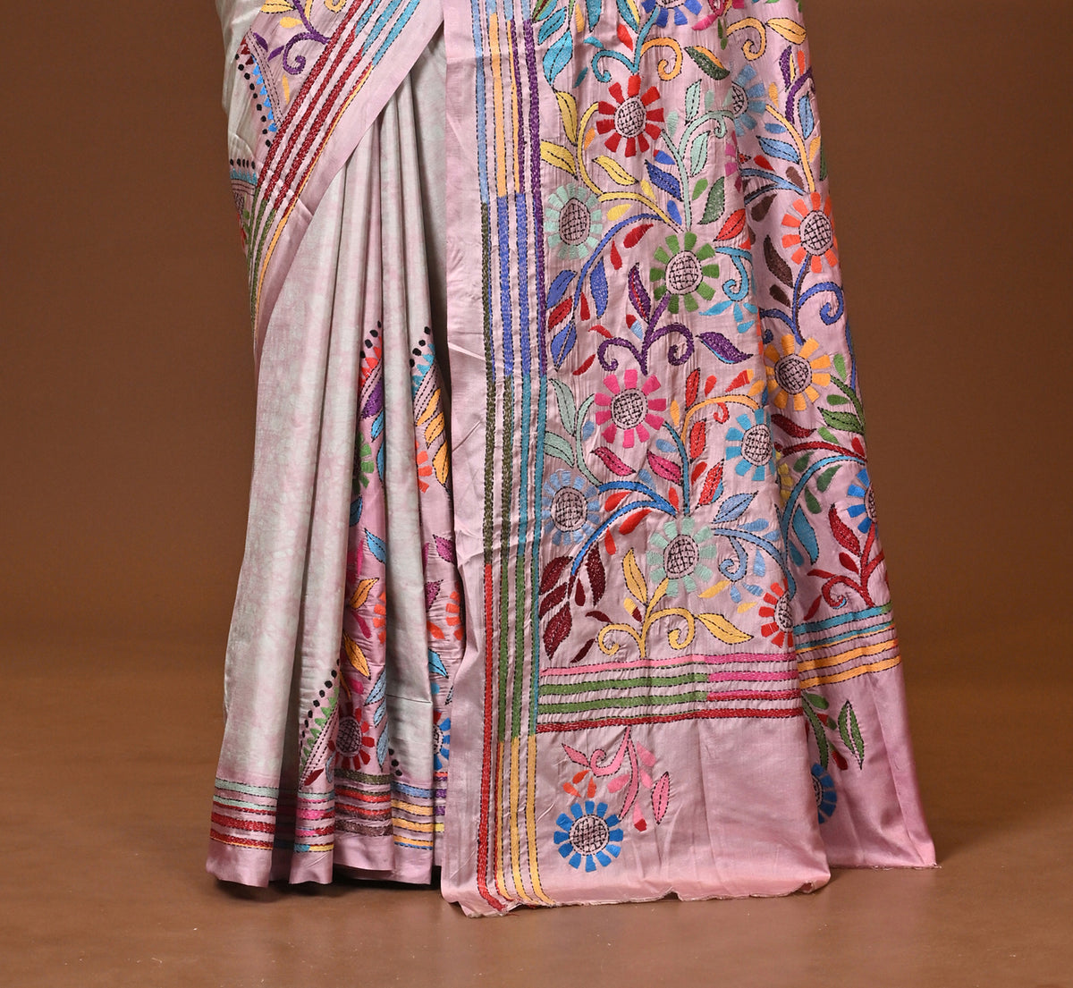 Blended Silk Kantha Stitch Saree Multicolor