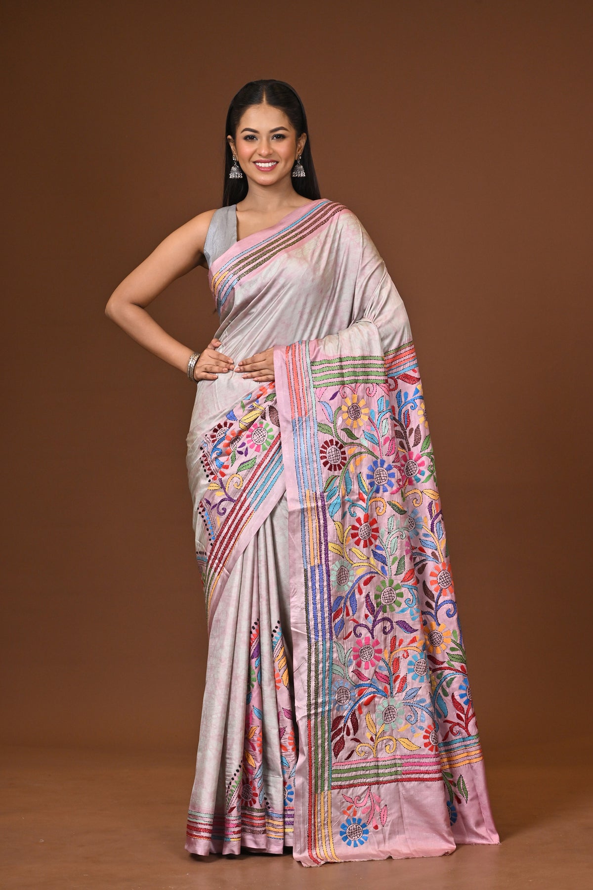 Blended Silk Kantha Stitch Saree Multicolor