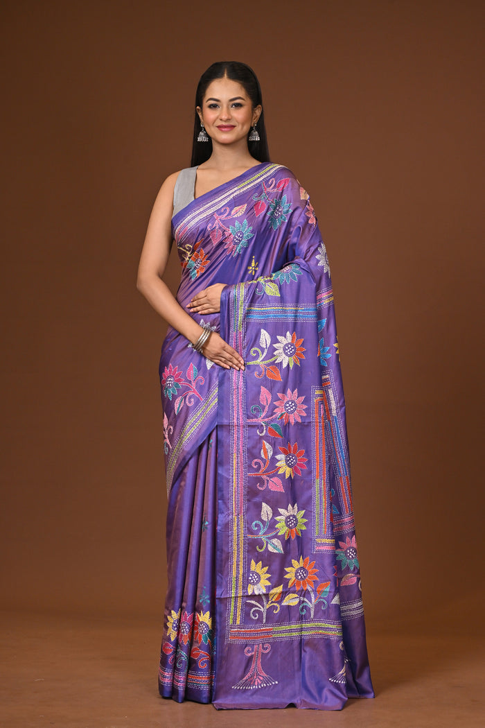 Blended Silk Kantha Stitch Saree
