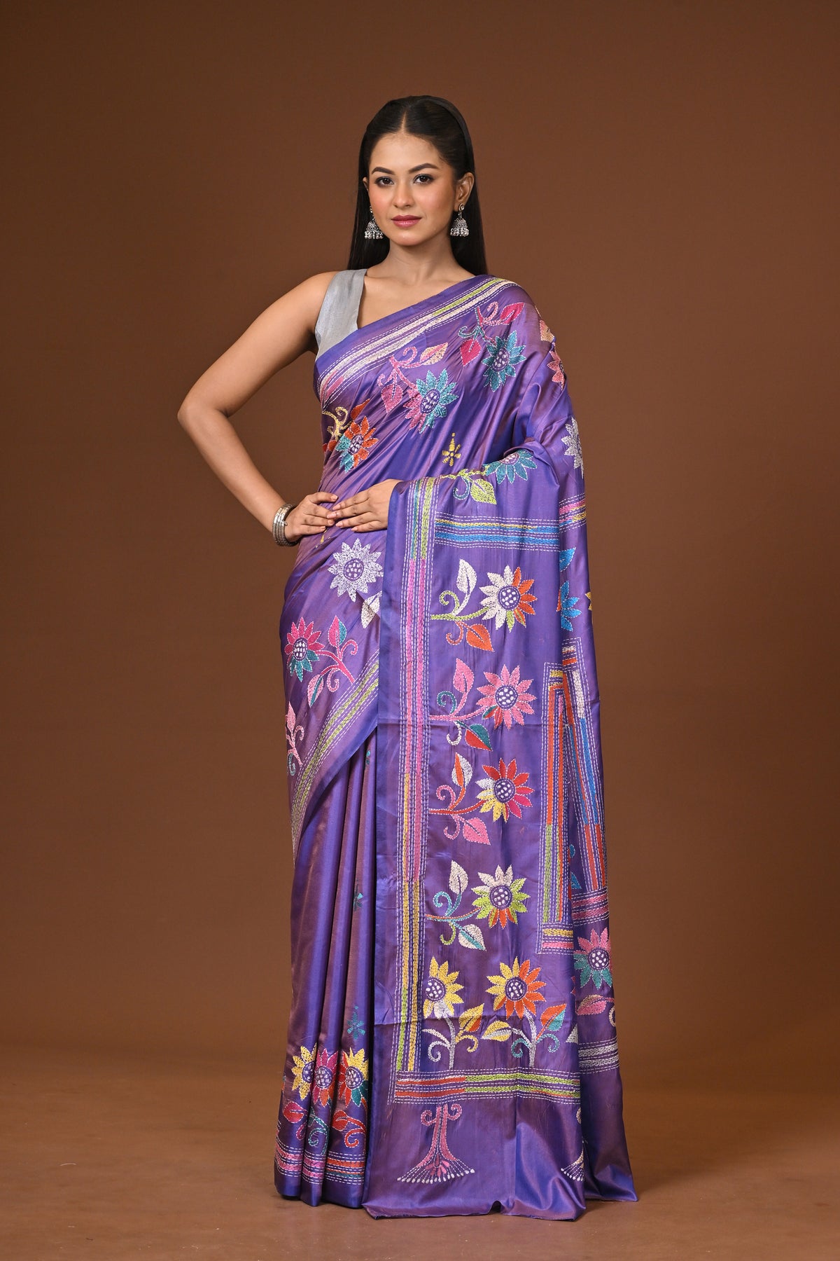 Blended Silk Kantha Stitch Saree Purple