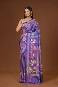Blended Silk Kantha Stitch Saree Purple