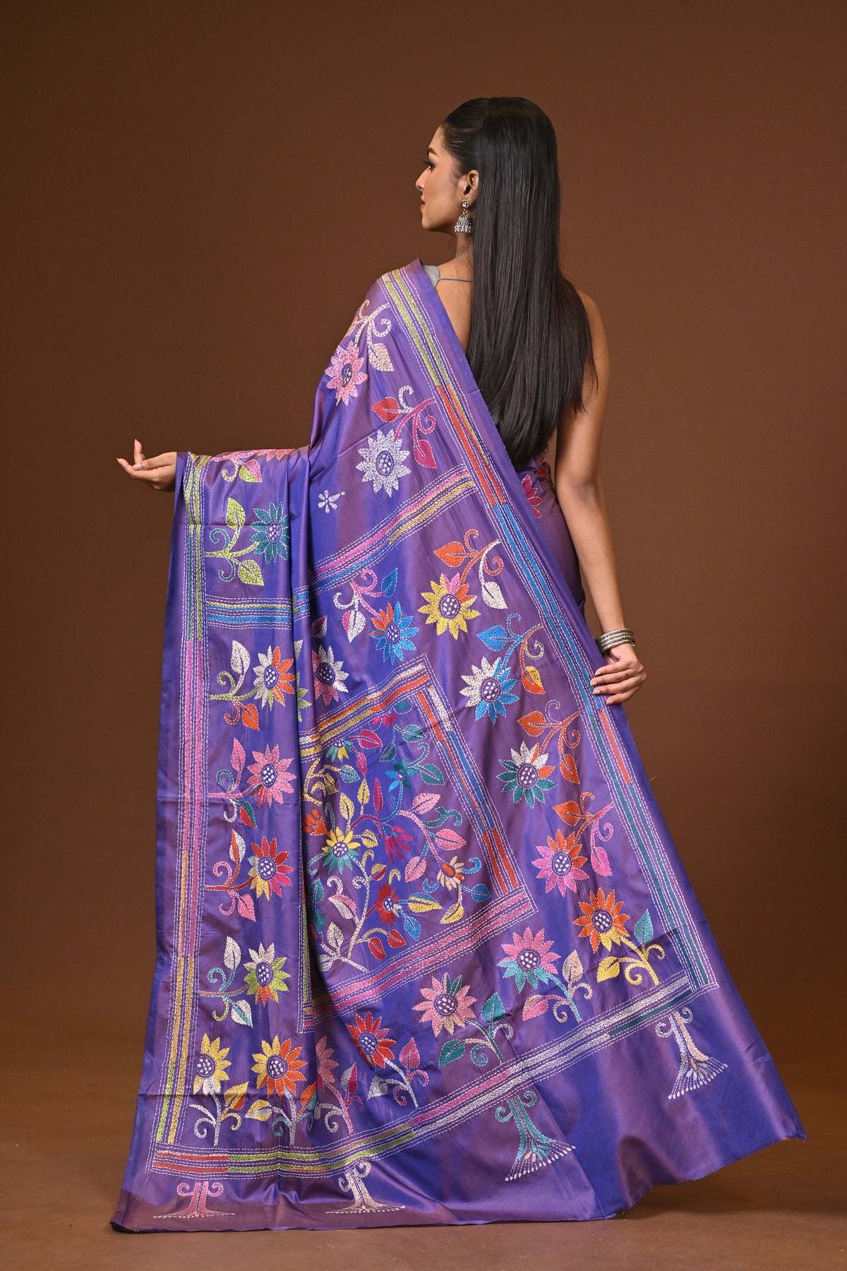Blended Silk Kantha Stitch Saree Purple
