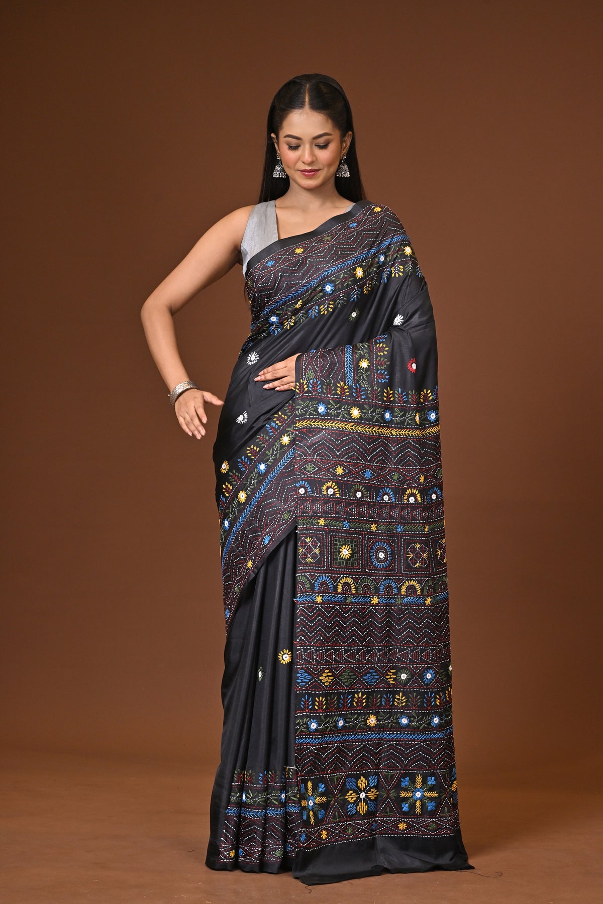 Blended Silk Kantha Stitch Saree Black