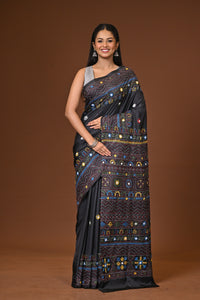 Blended Silk Kantha Stitch Saree Black
