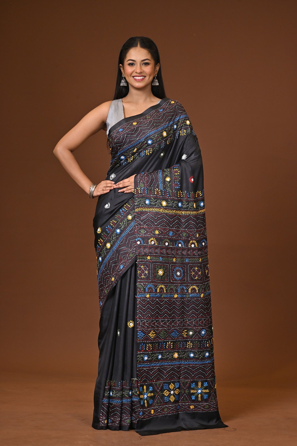 Blended Silk Kantha Stitch Saree Black