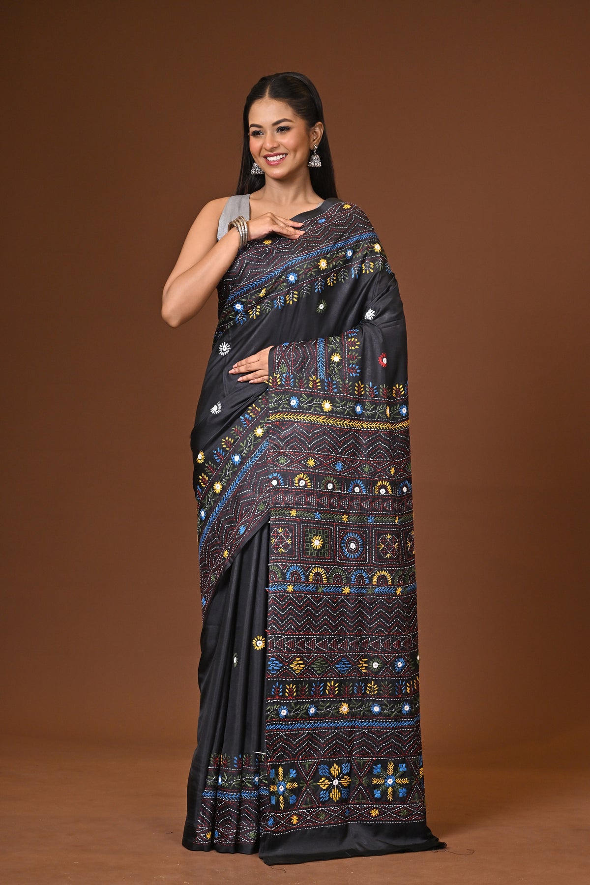 Blended Silk Kantha Stitch Saree Black