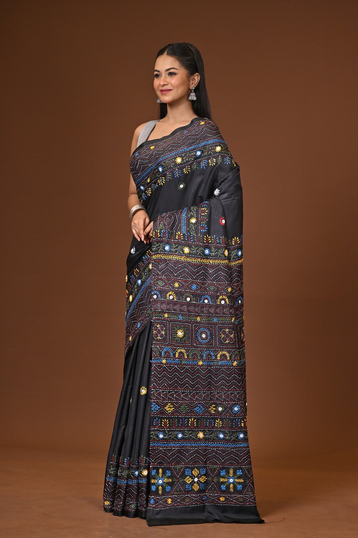 Blended Silk Kantha Stitch Saree Black