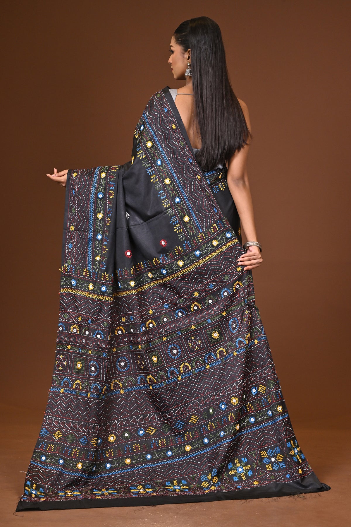 Blended Silk Kantha Stitch Saree Black