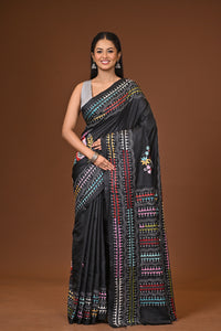 Blended Silk Kantha Stitch Saree Black