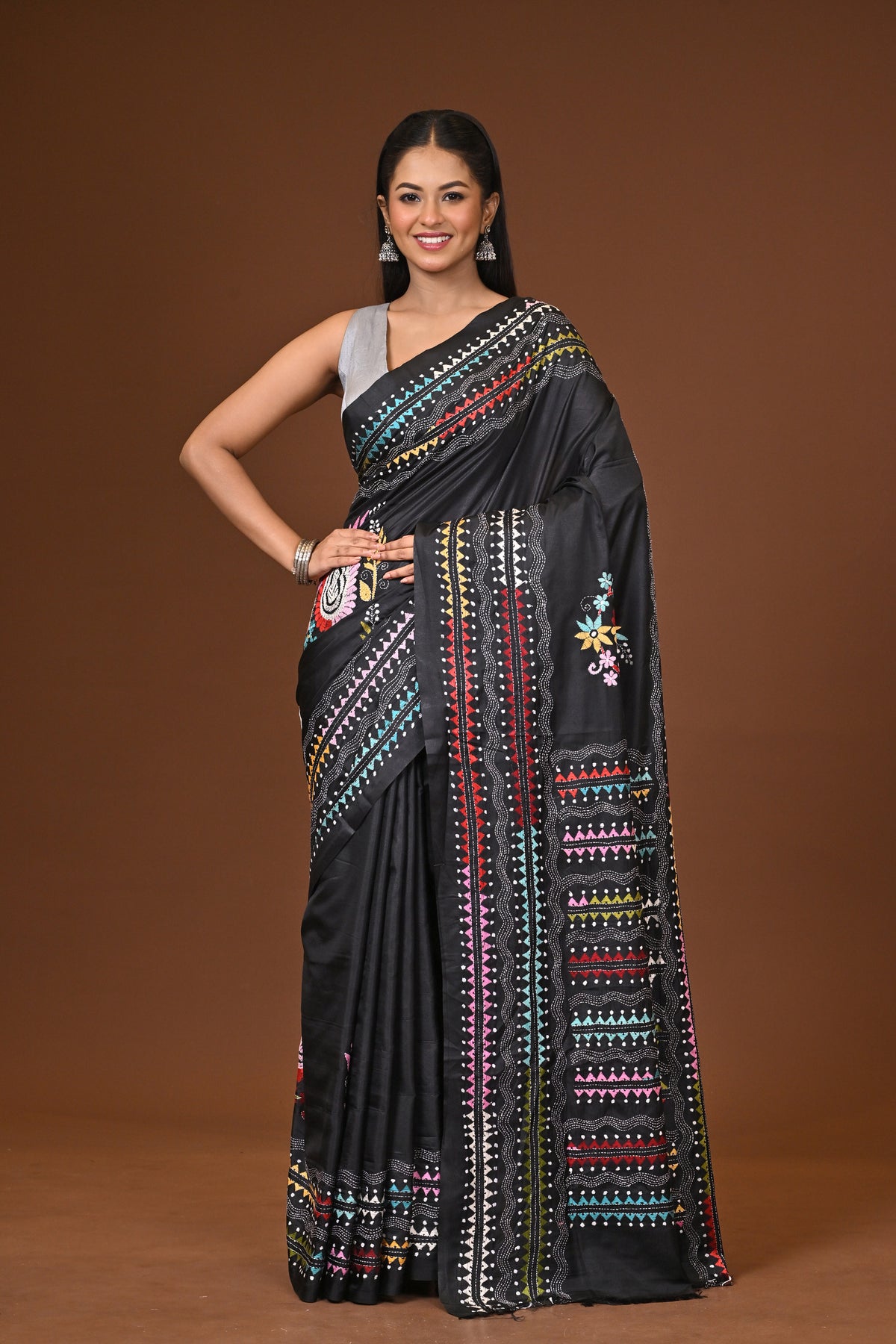 Blended Silk Kantha Stitch Saree Black