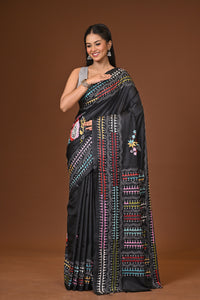 Blended Silk Kantha Stitch Saree Black