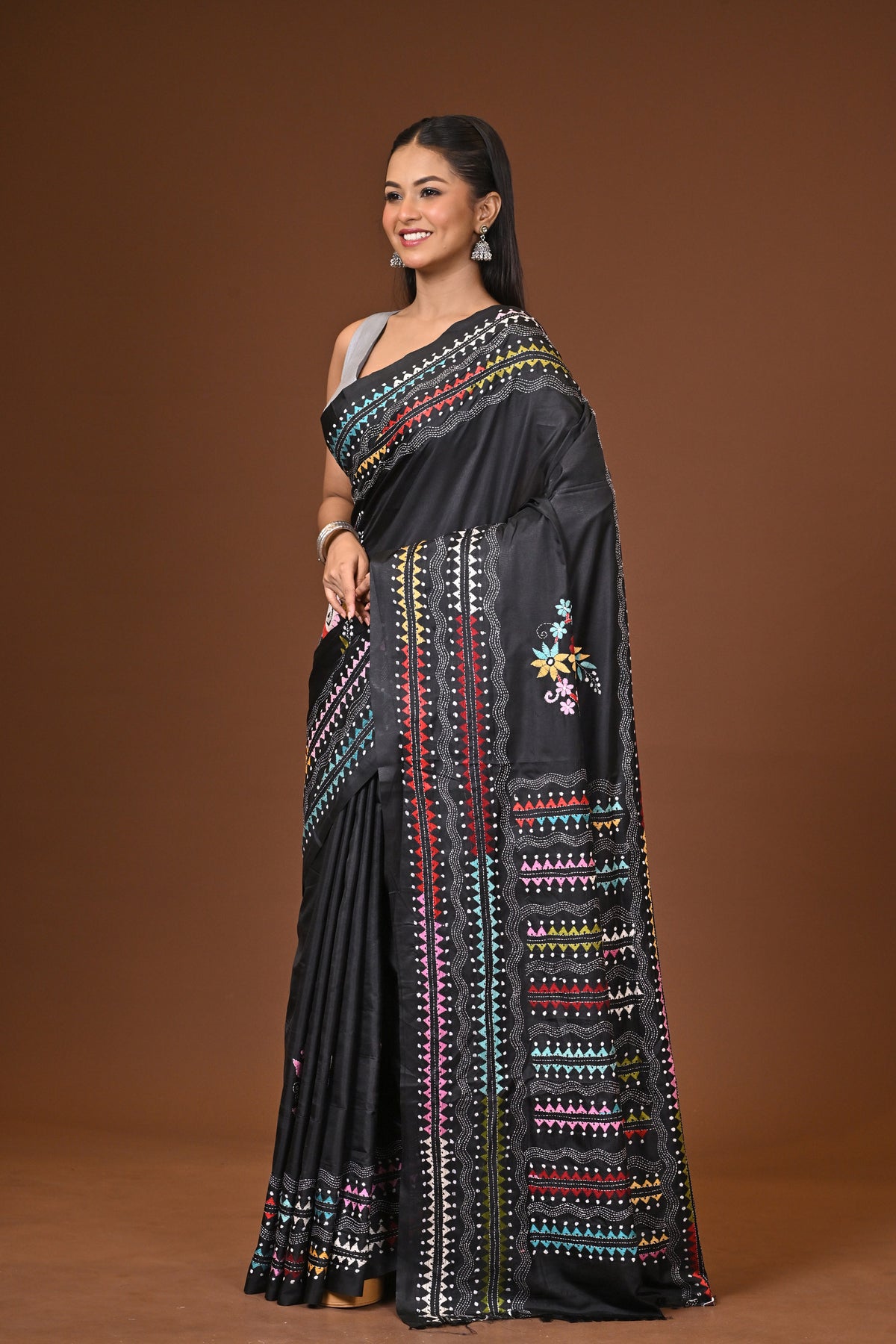 Blended Silk Kantha Stitch Saree Black