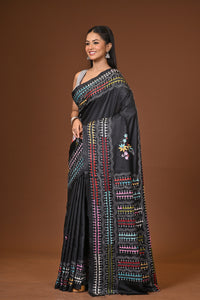 Blended Silk Kantha Stitch Saree Black