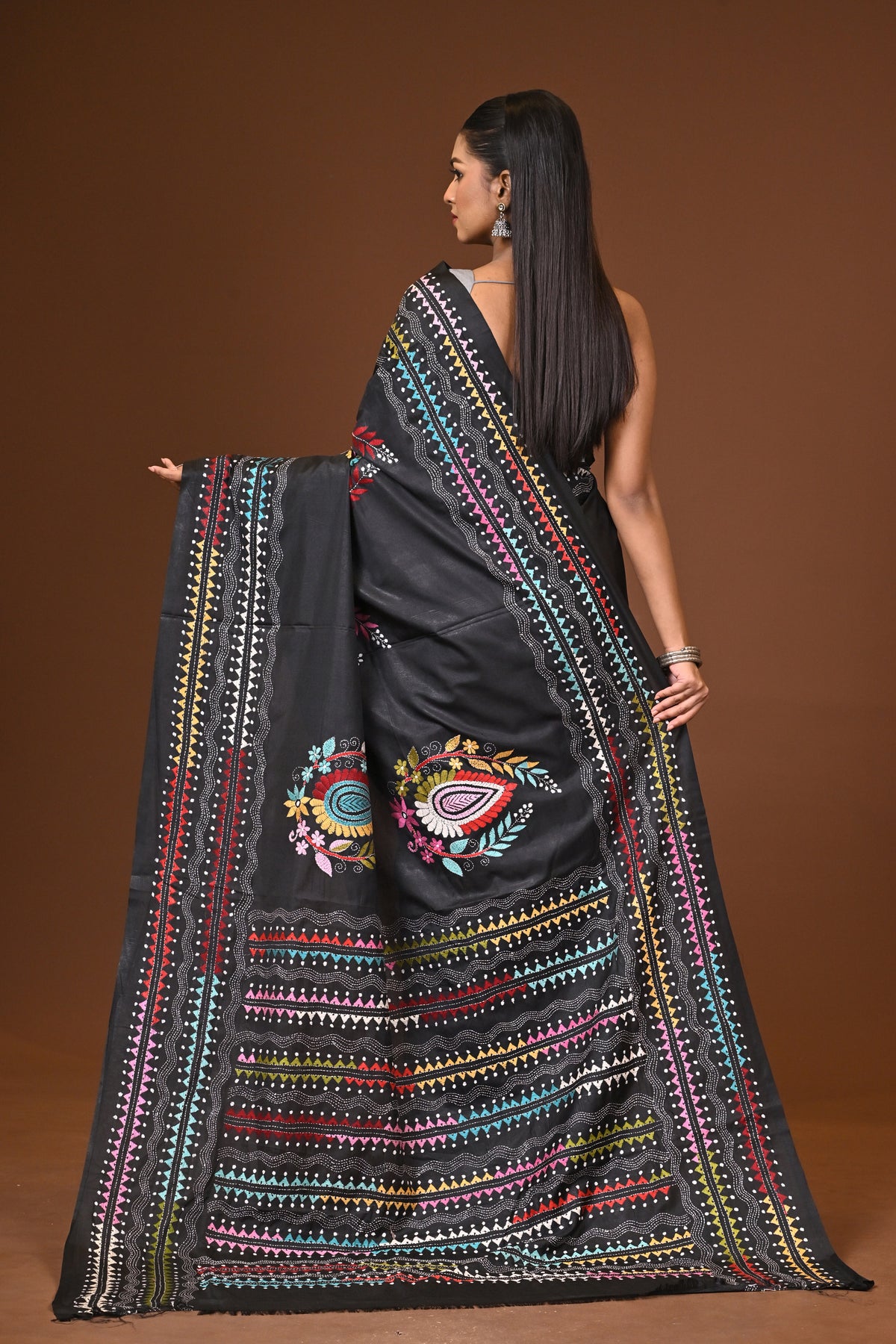 Blended Silk Kantha Stitch Saree Black
