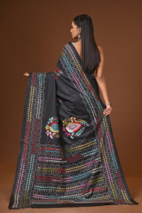 Blended Silk Kantha Stitch Saree Black