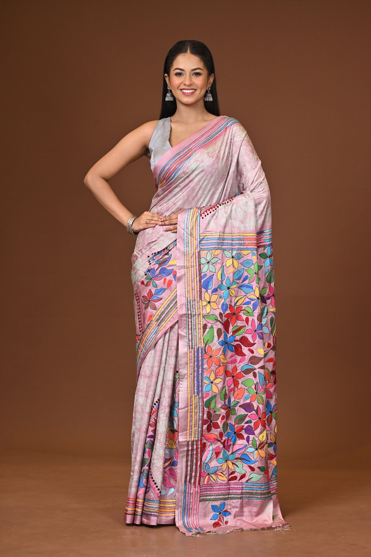 Blended Silk Kantha Stitch Saree Multicolor