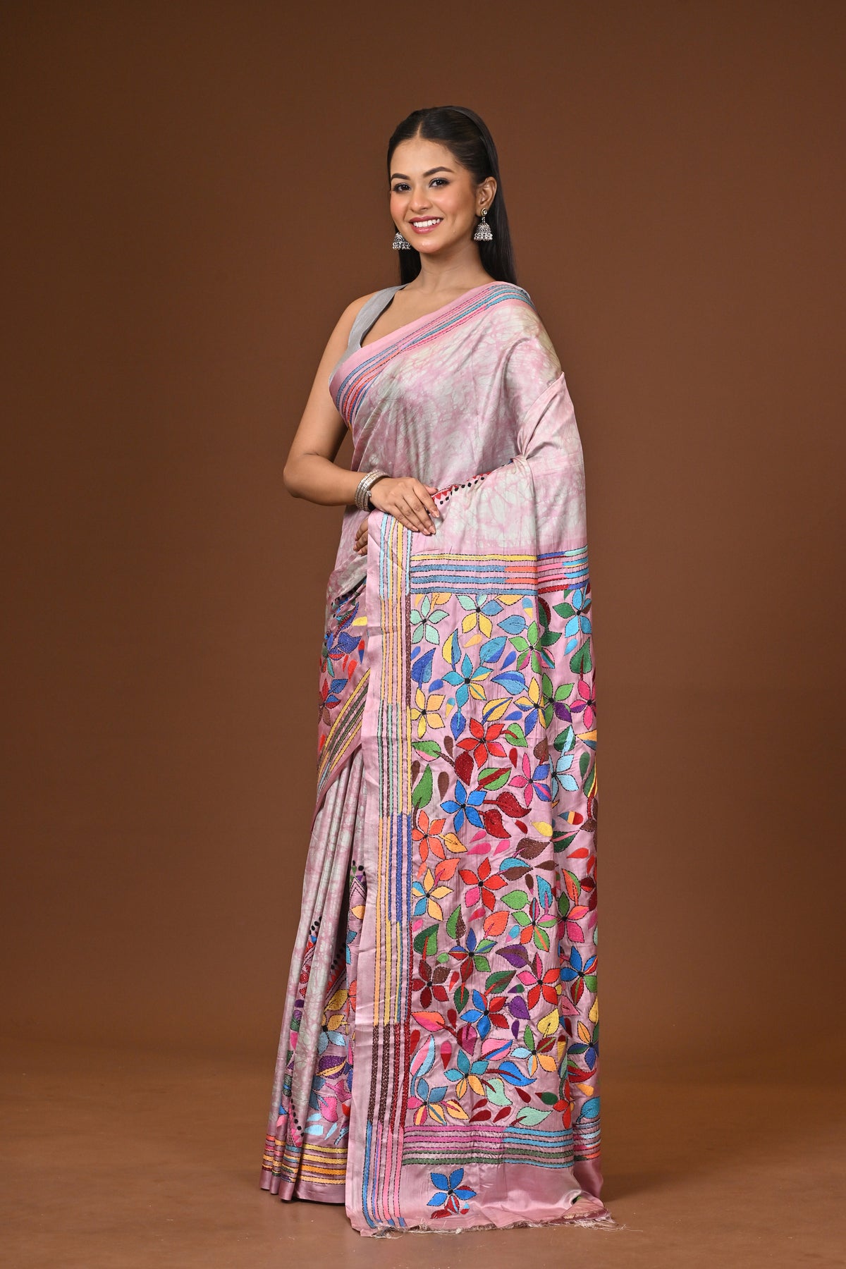 Blended Silk Kantha Stitch Saree Multicolor