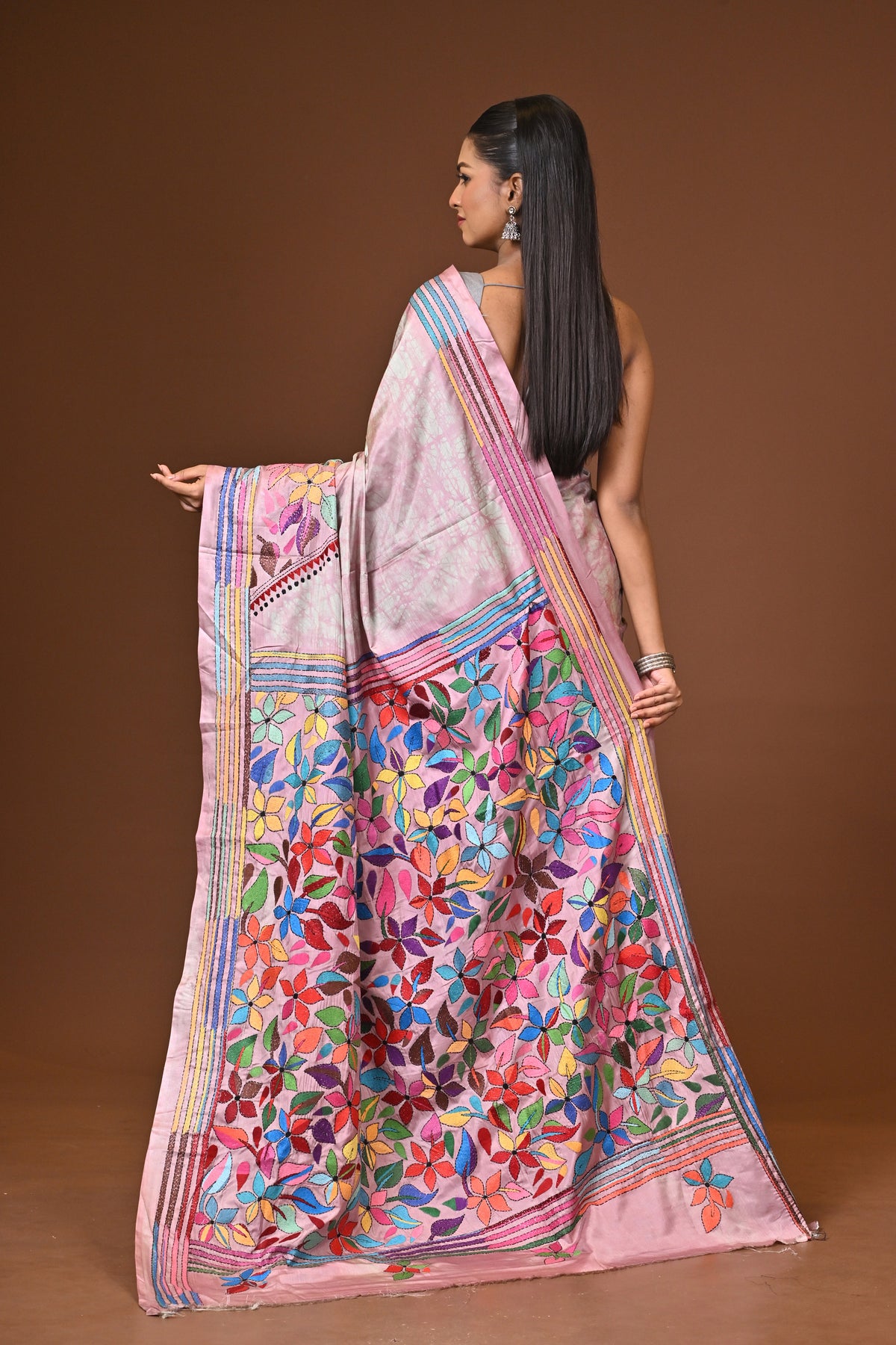 Blended Silk Kantha Stitch Saree Multicolor