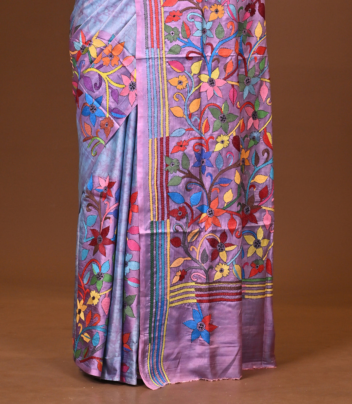 Blended Silk Kantha Stitch Saree Multicolor