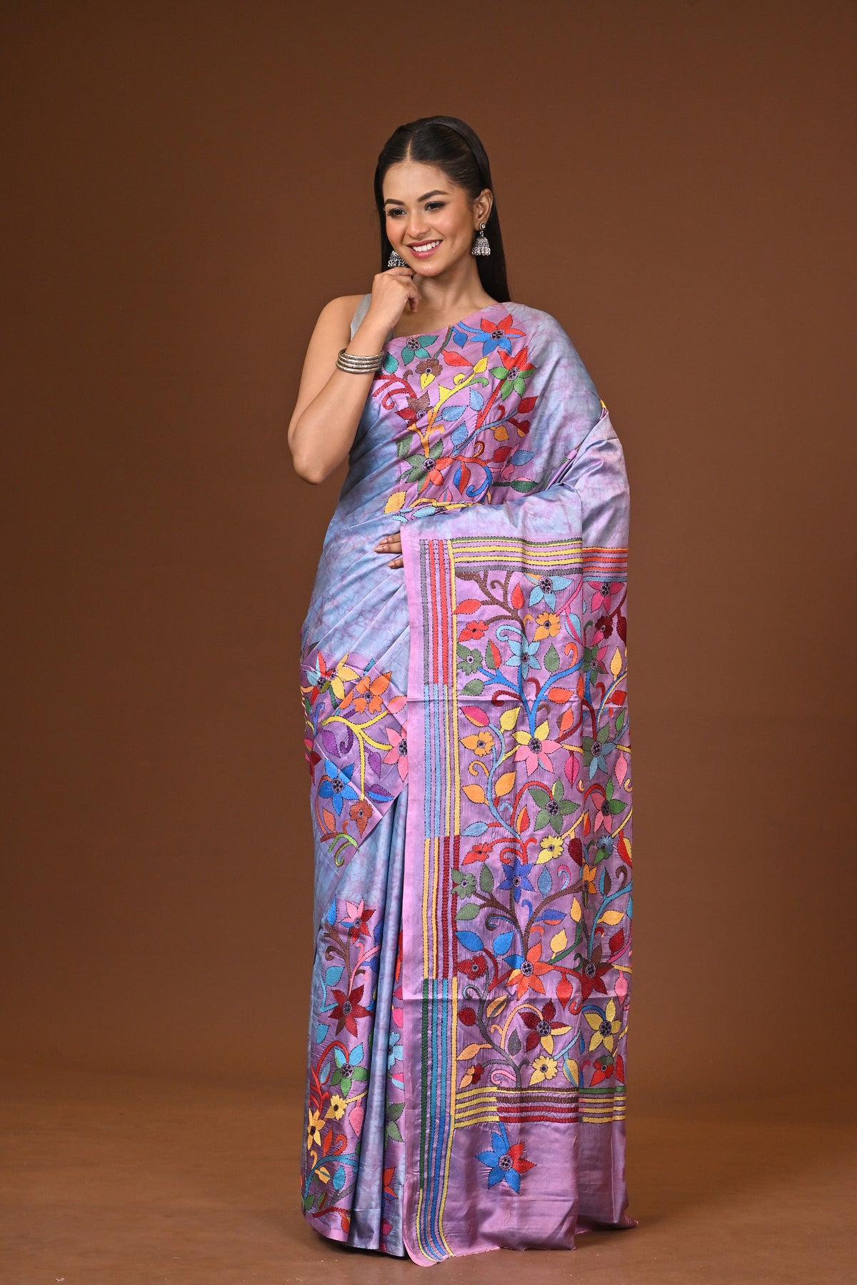 Blended Silk Kantha Stitch Saree Multicolor