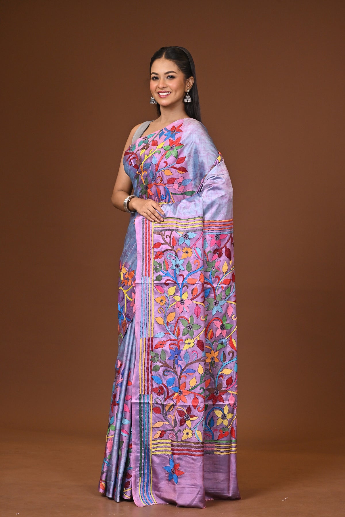 Blended Silk Kantha Stitch Saree Multicolor