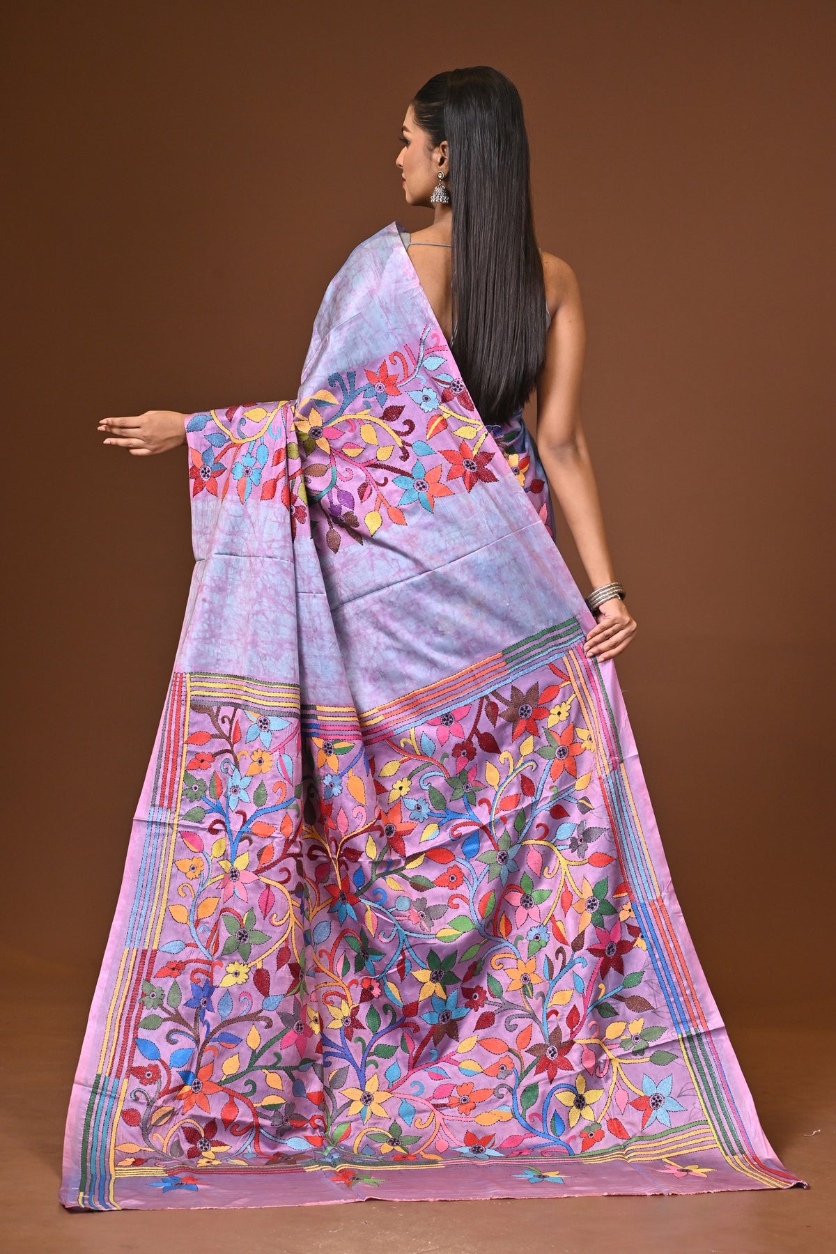 Blended Silk Kantha Stitch Saree Multicolor