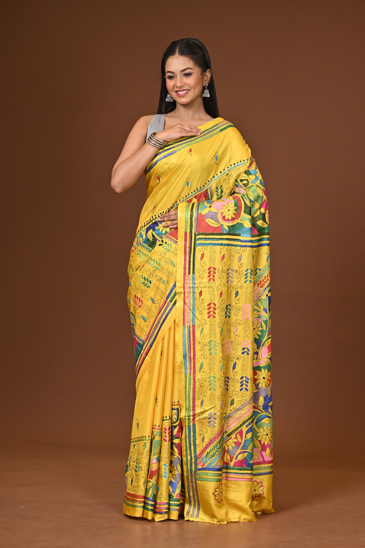 Blended Silk Kantha Stitch Saree Yellow