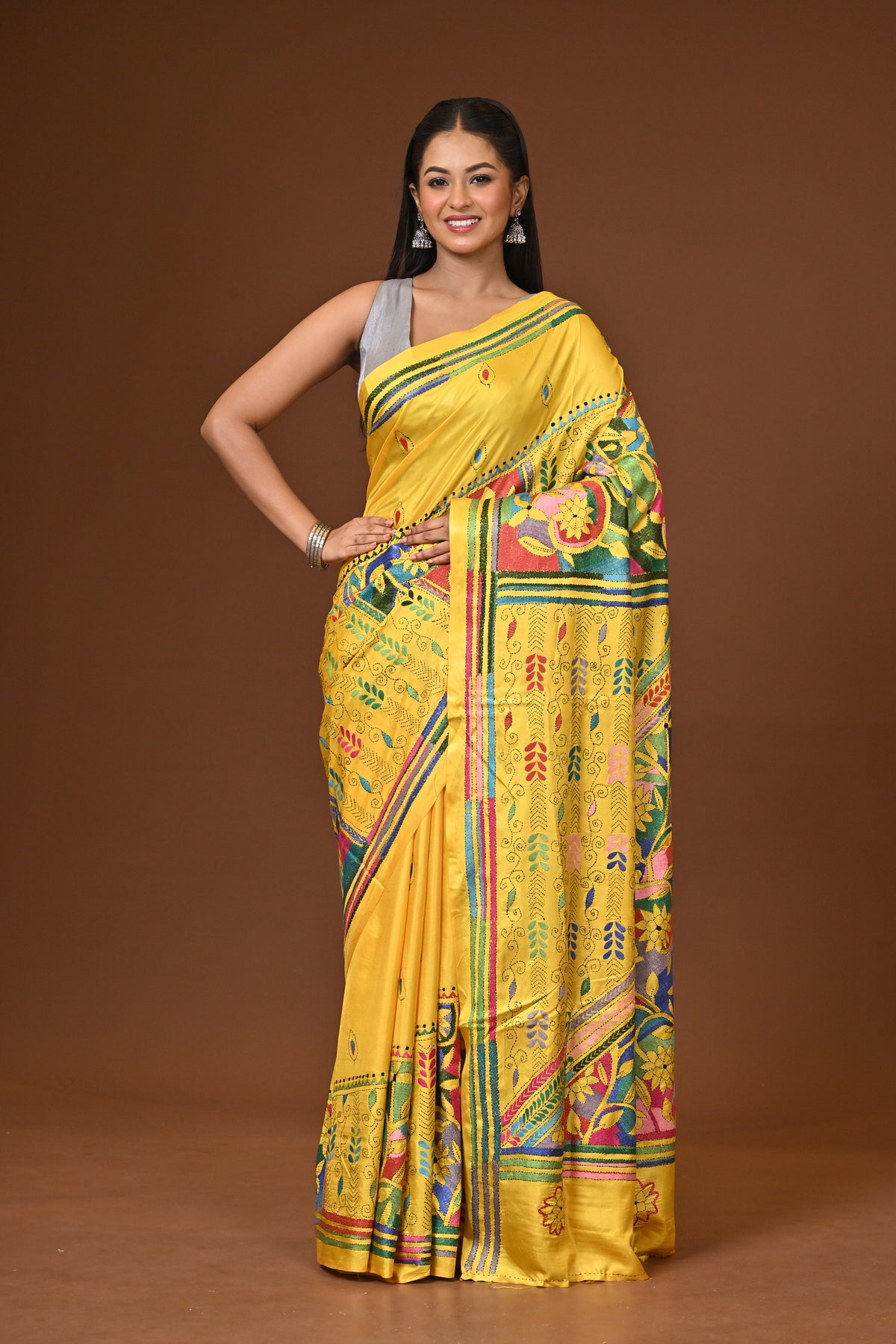 Blended Silk Kantha Stitch Saree Yellow