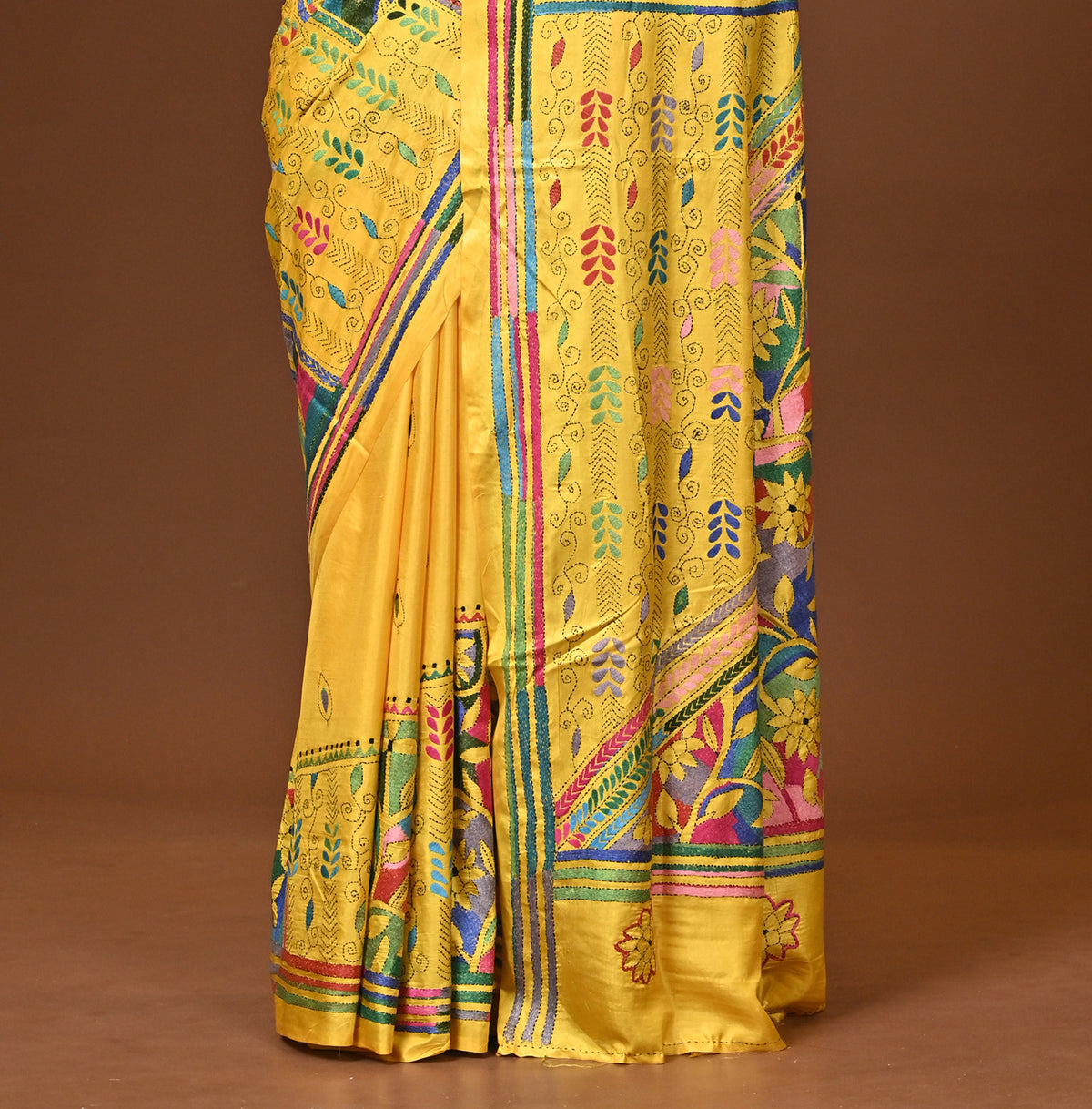 Blended Silk Kantha Stitch Saree Yellow