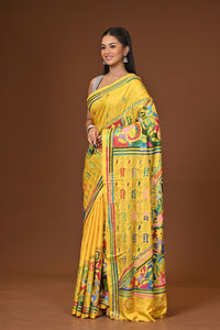 Blended Silk Kantha Stitch Saree Yellow