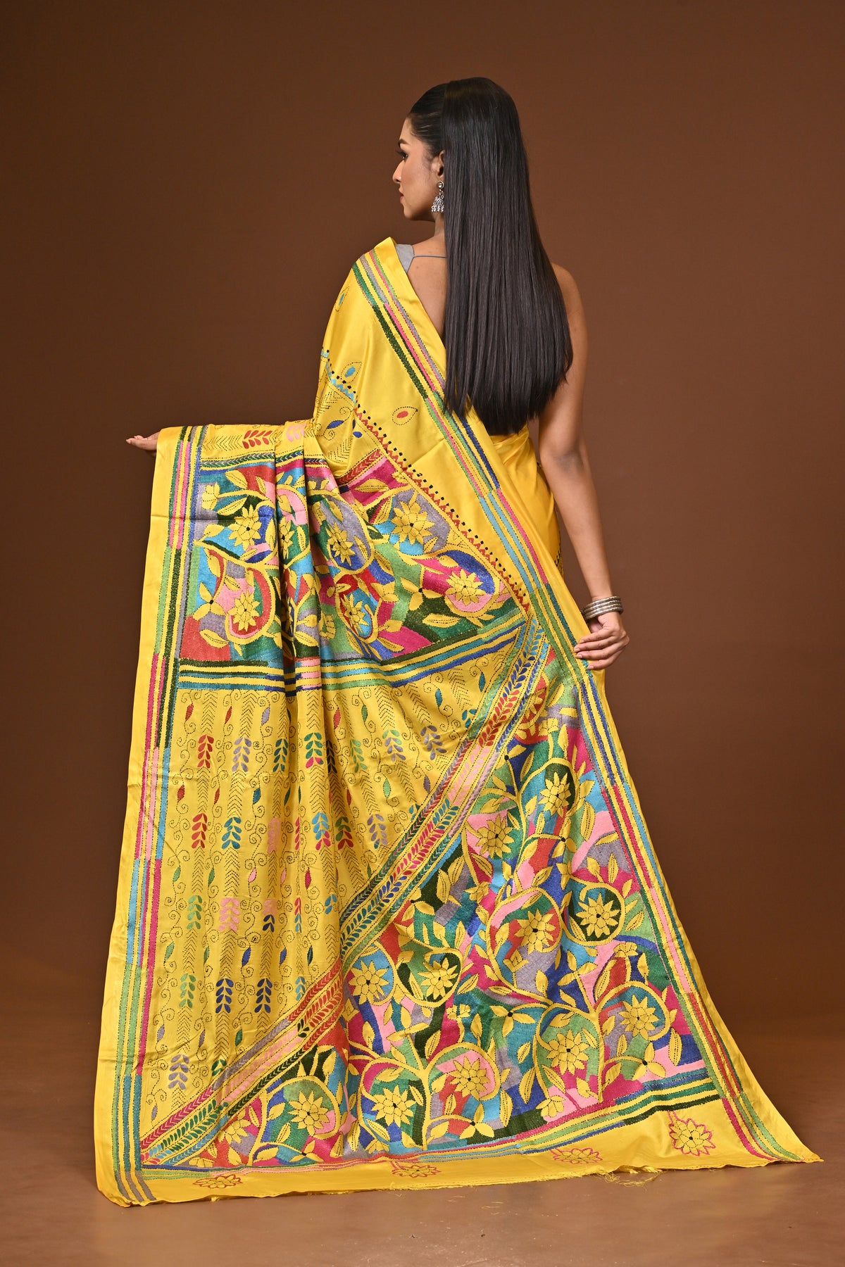 Blended Silk Kantha Stitch Saree Yellow
