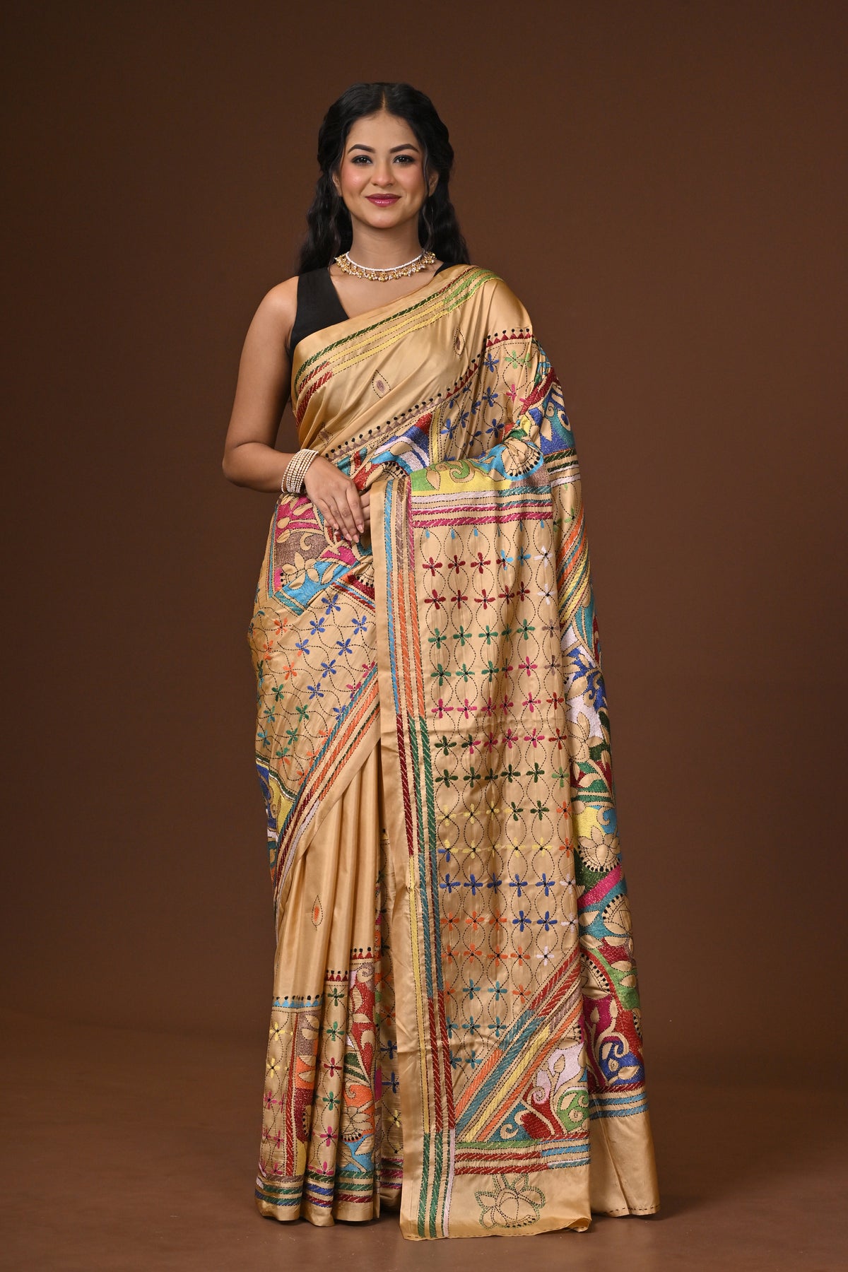 Blended Silk Kantha Stitch Saree Beige
