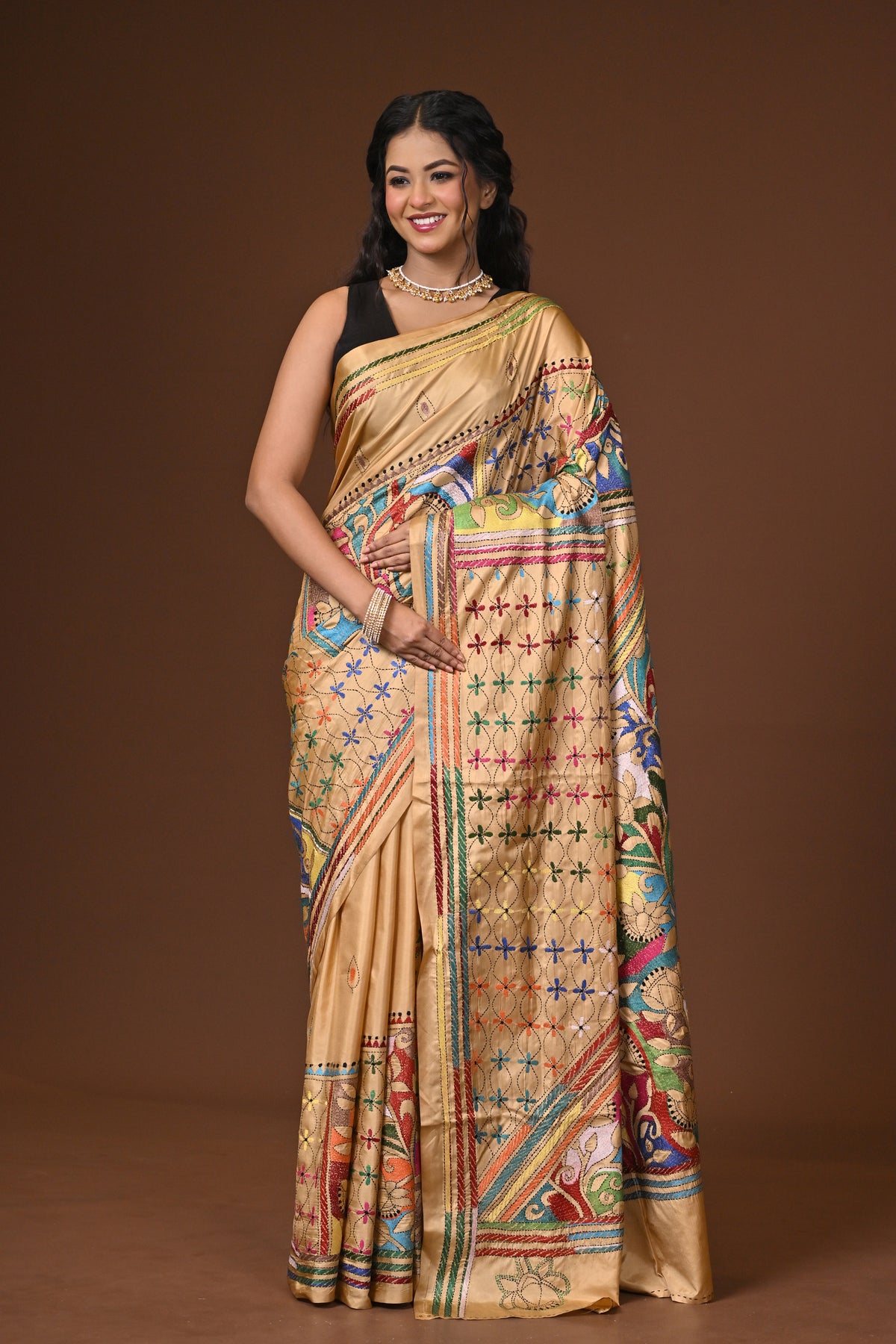 Blended Silk Kantha Stitch Saree Beige