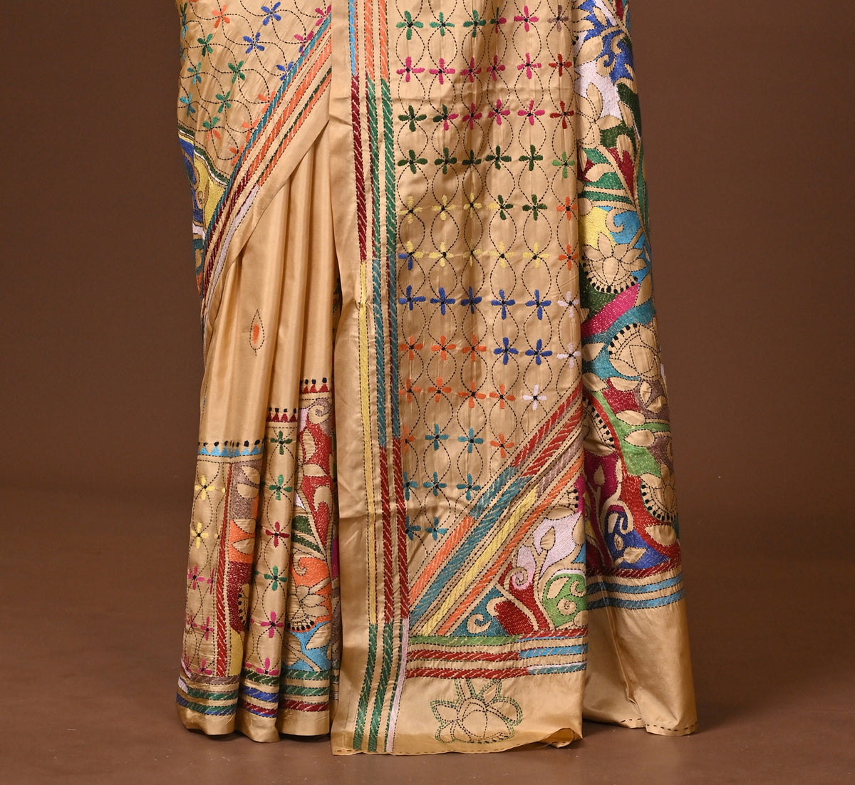 Blended Silk Kantha Stitch Saree Beige