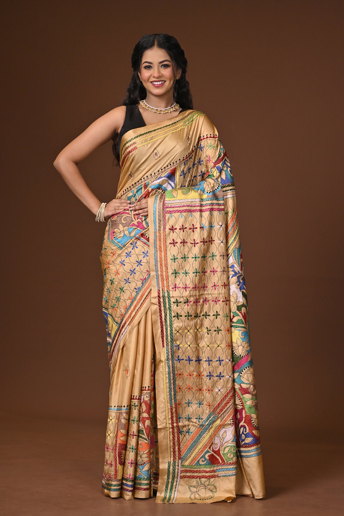 Blended Silk Kantha Stitch Saree Beige