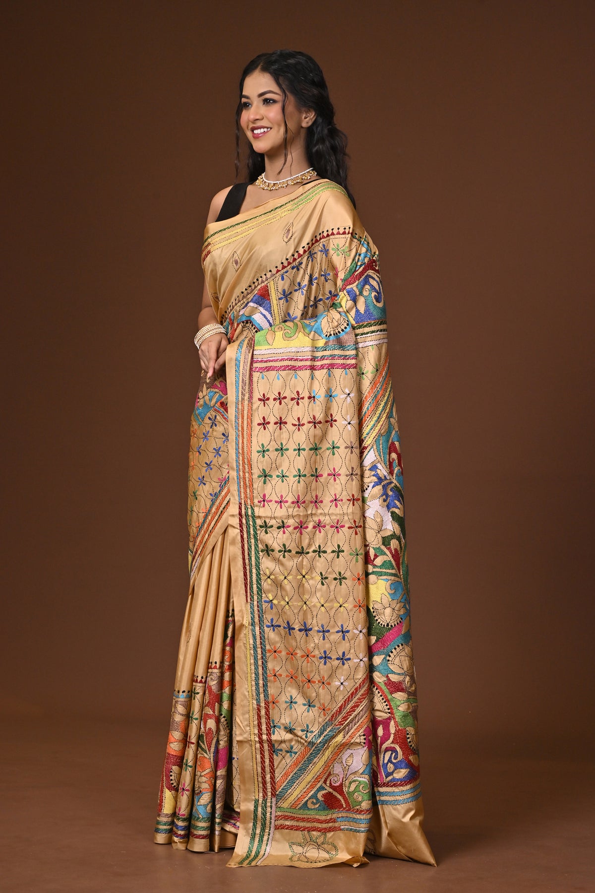 Blended Silk Kantha Stitch Saree Beige