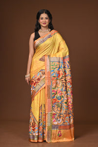 Blended Silk Kantha Stitch Saree Yellow