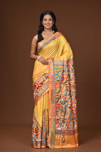Blended Silk Kantha Stitch Saree Yellow
