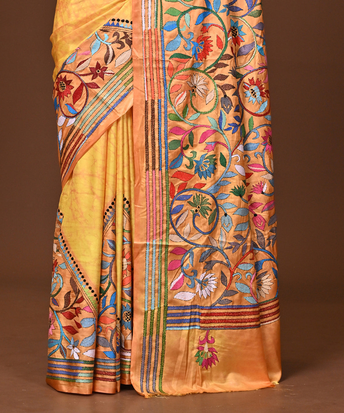 Blended Silk Kantha Stitch Saree Yellow