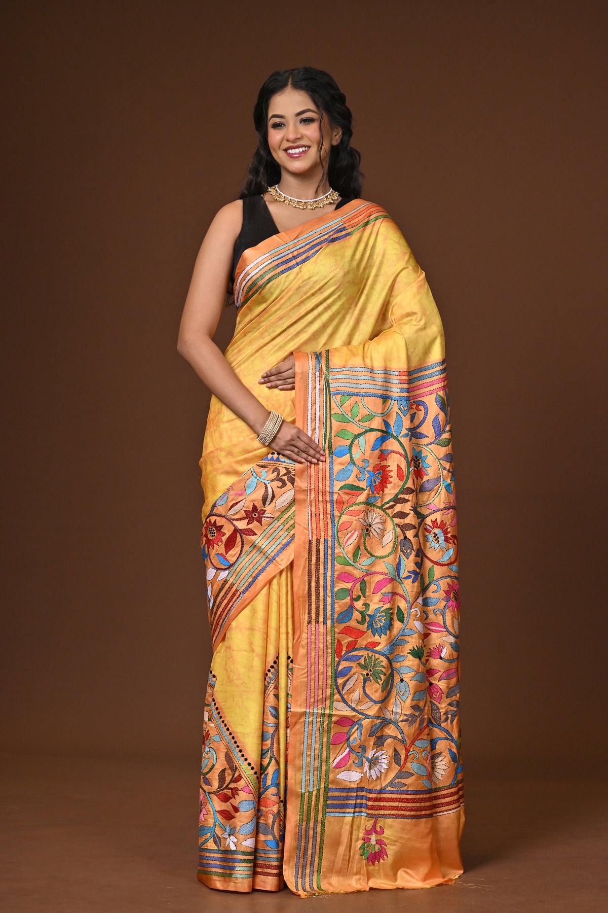 Blended Silk Kantha Stitch Saree Yellow