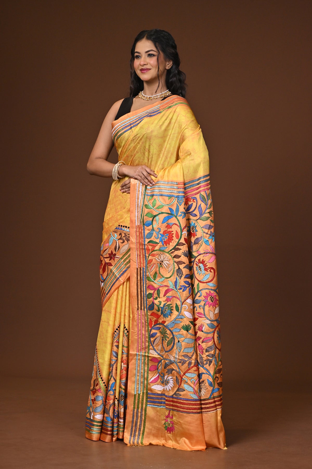 Blended Silk Kantha Stitch Saree Yellow