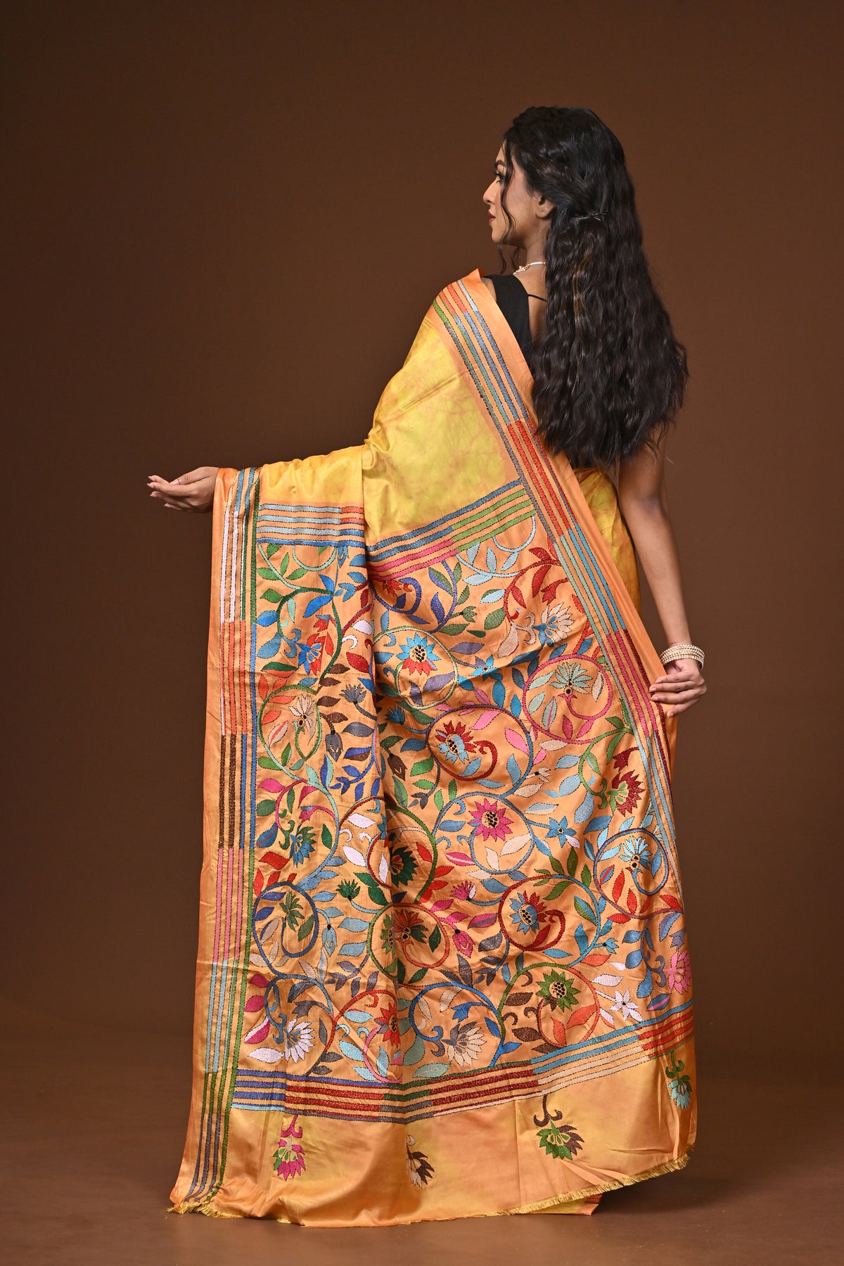 Blended Silk Kantha Stitch Saree Yellow