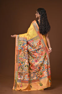 Blended Silk Kantha Stitch Saree Yellow