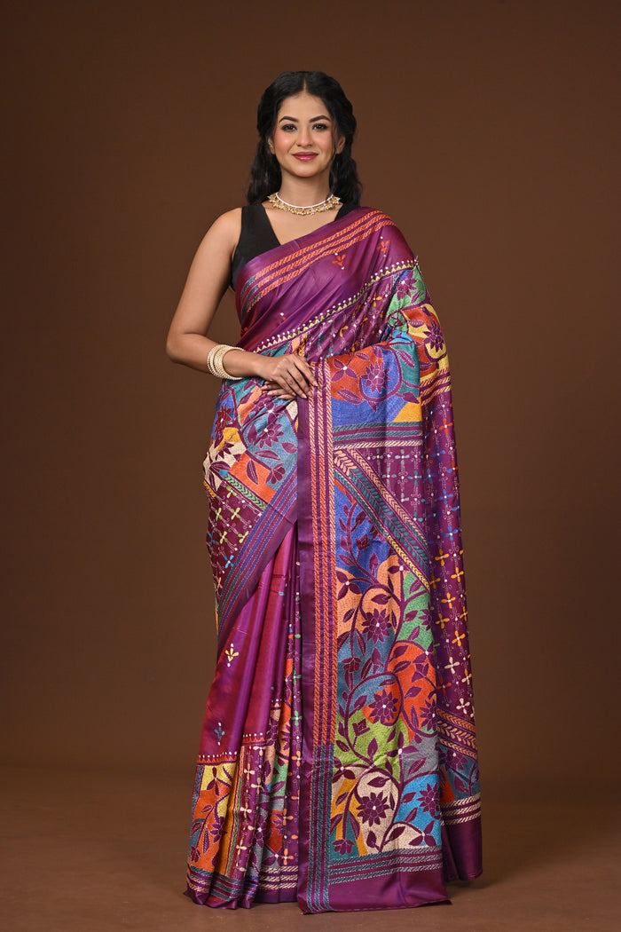 Blended Silk Kantha Stitch Saree