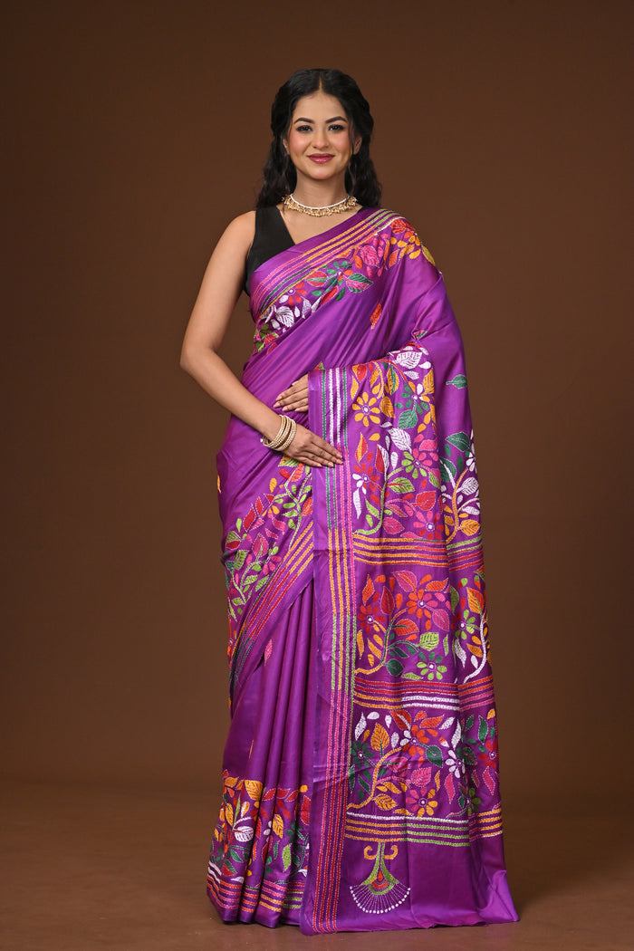 Blended Silk Kantha Stitch Saree