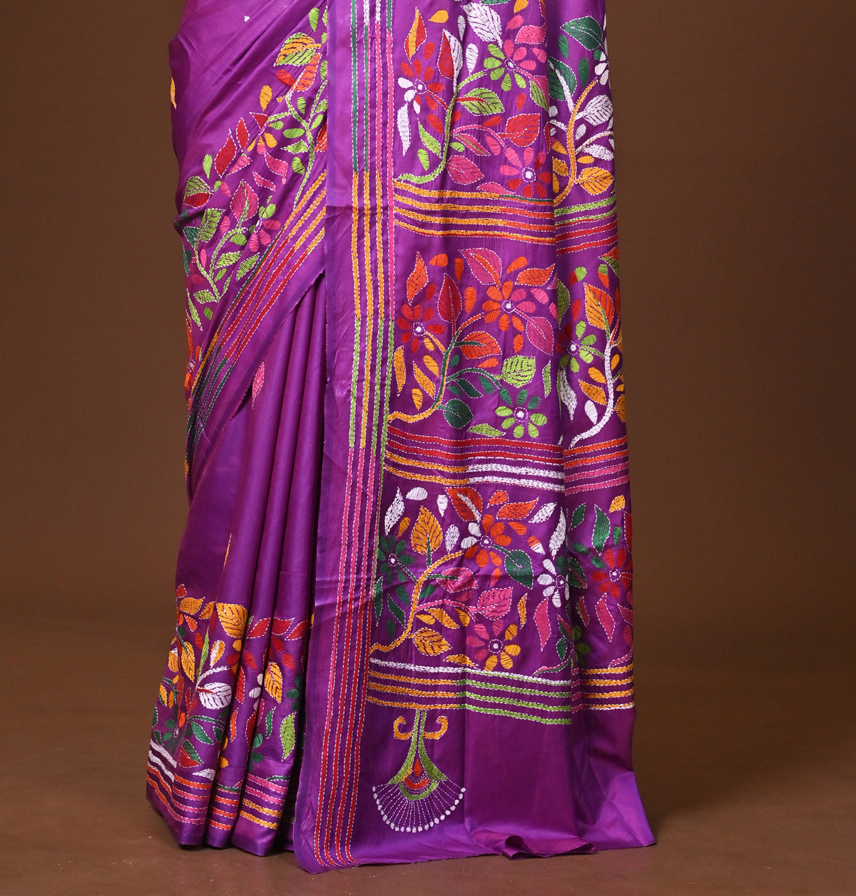 Blended Silk Kantha Stitch Saree Purple