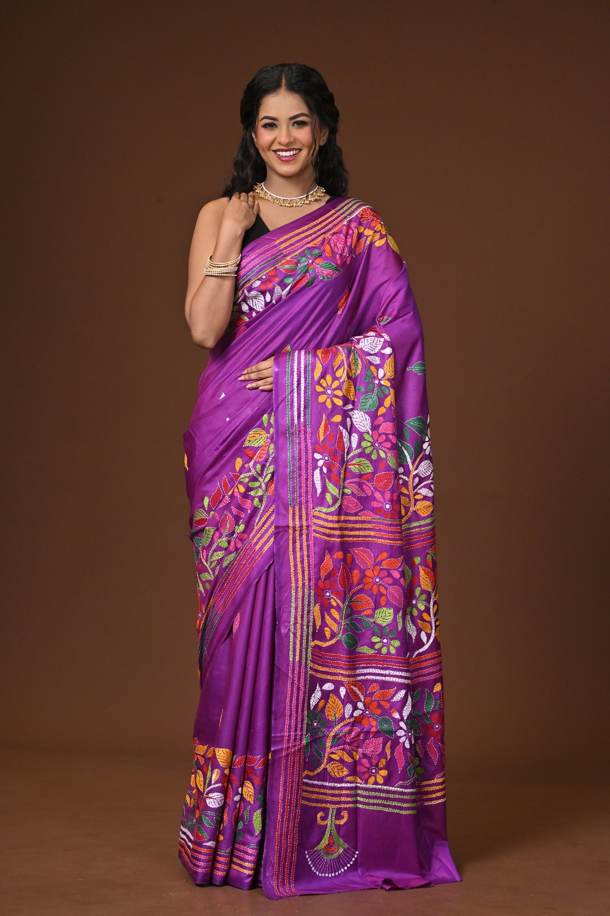 Blended Silk Kantha Stitch Saree Purple