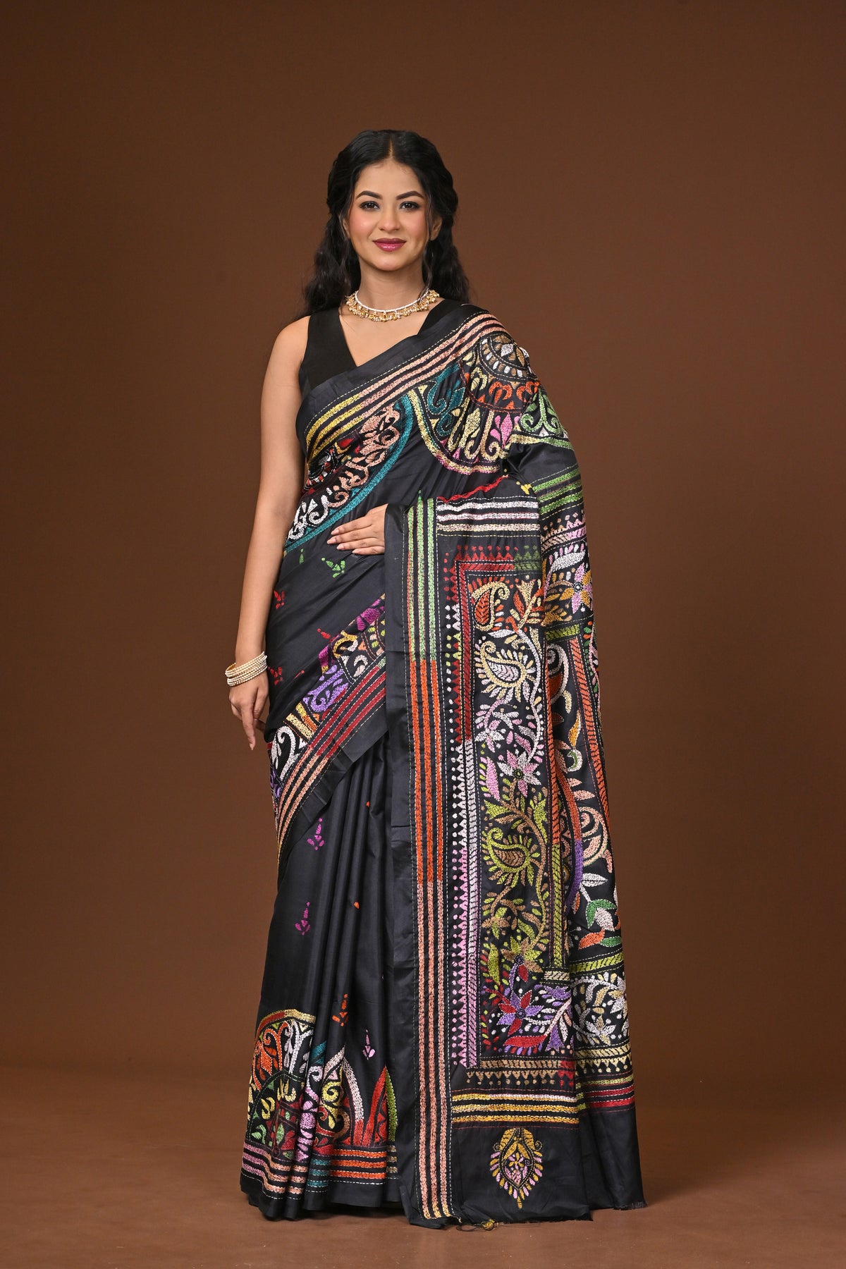 Blended Silk Kantha Stitch Saree Black
