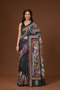 Blended Silk Kantha Stitch Saree Black